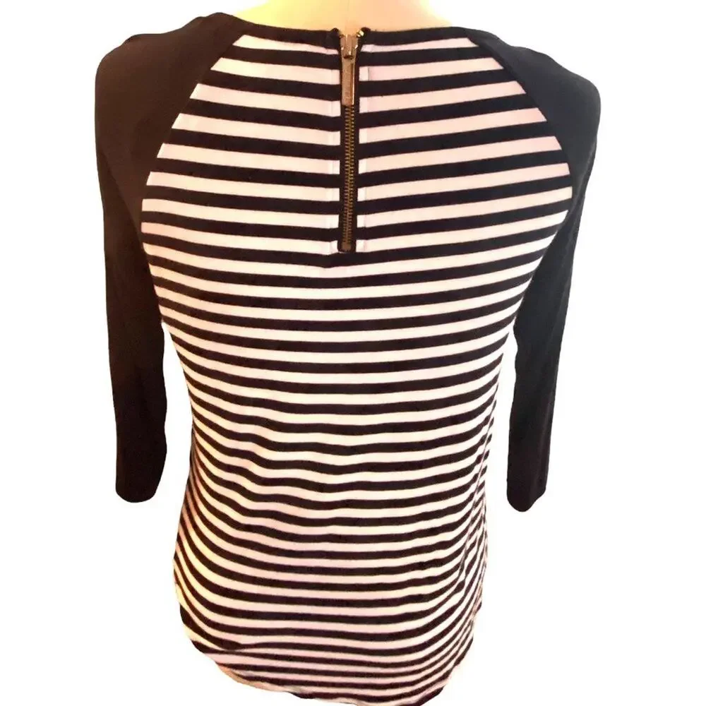 Ladies MICHAEL KORS Blue White Striped Tunic Top ~ 3/4 sleeves ~ Gold MK ~ Small